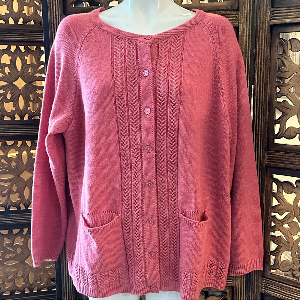 Vintage National Brand Pink Long Sleeved Button Up Cardigan Sweater w/ Pockets.